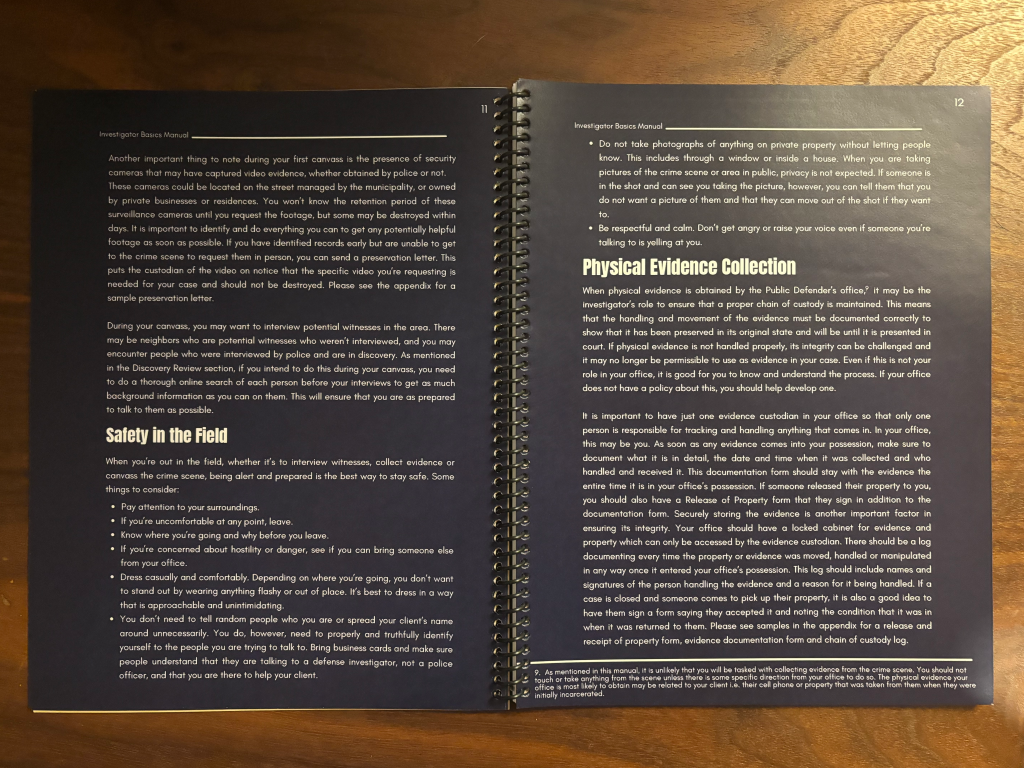 A photo of the inside of the Investigator Basics Manual, with Sections on "Safety in the Field" and "Physical Evidence Collection".